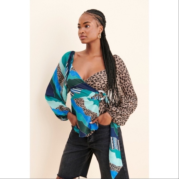 ANTHROPOLOGIE | Hutch Long Sleeve Wrap Top Mixed Print Oli Blouse Cheetah - Picture 1 of 8